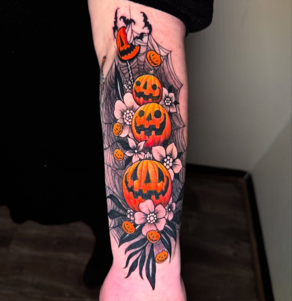 Creepy Jack-O -Lantern Pumpkin Sleeve Tattoo halloween tattoos