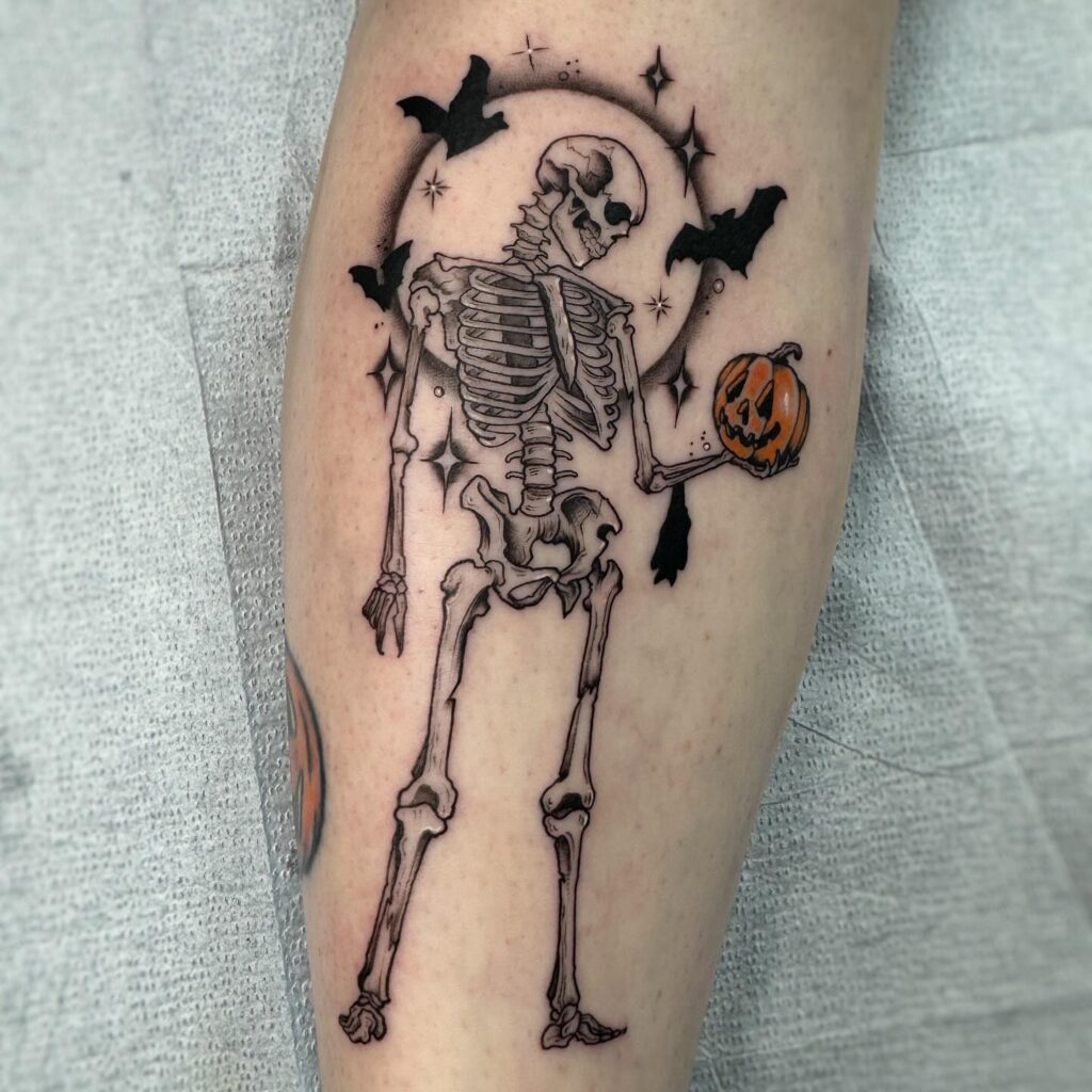 Dancing Skeleton With Pumpkin Tattoo halloween tattoos