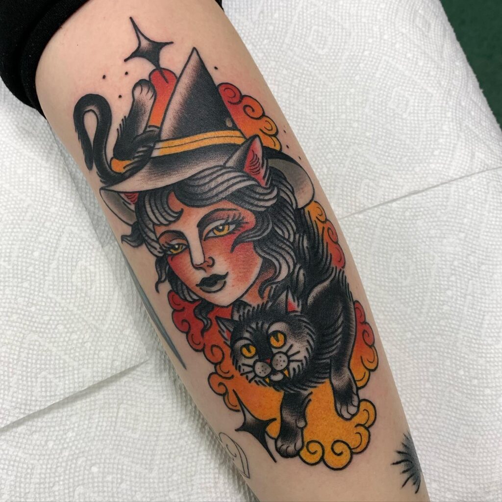 Enchanting Witch With Her Black Cat Tattoo halloween tattoos