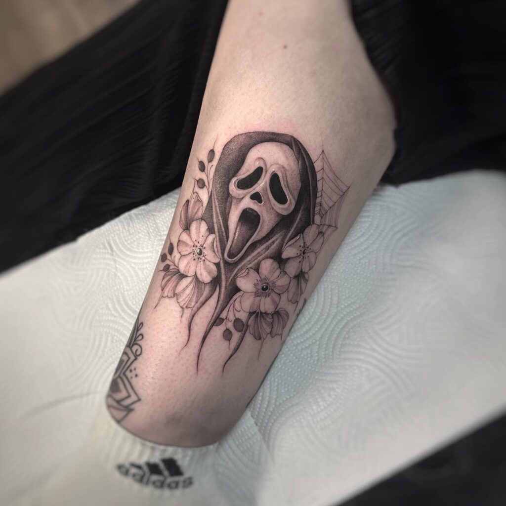 Ghostface With Floral Accents Tattoo halloween tattoos