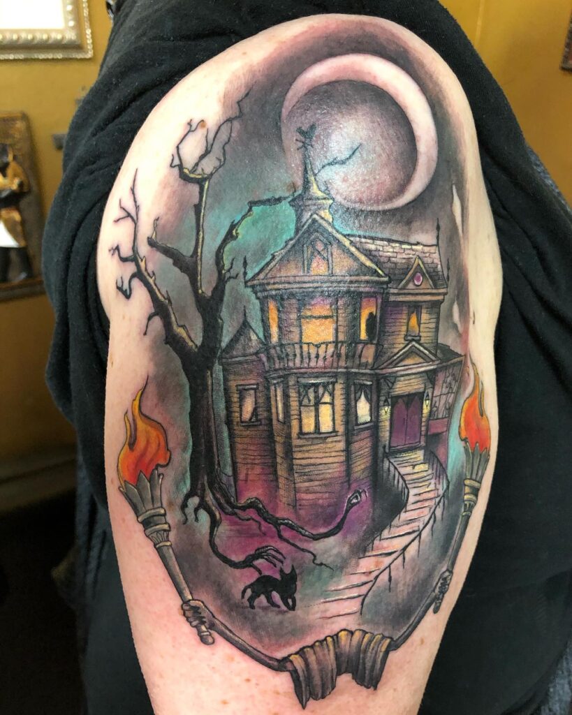 Haunted Mansion Under The Crescent Moon Tattoo halloween tattoos