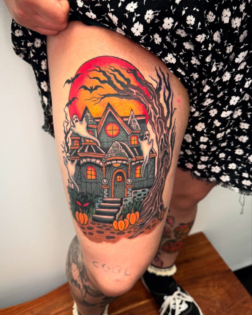 Haunted Mansion With Ghostly Visitors Tattoo halloween tattoos