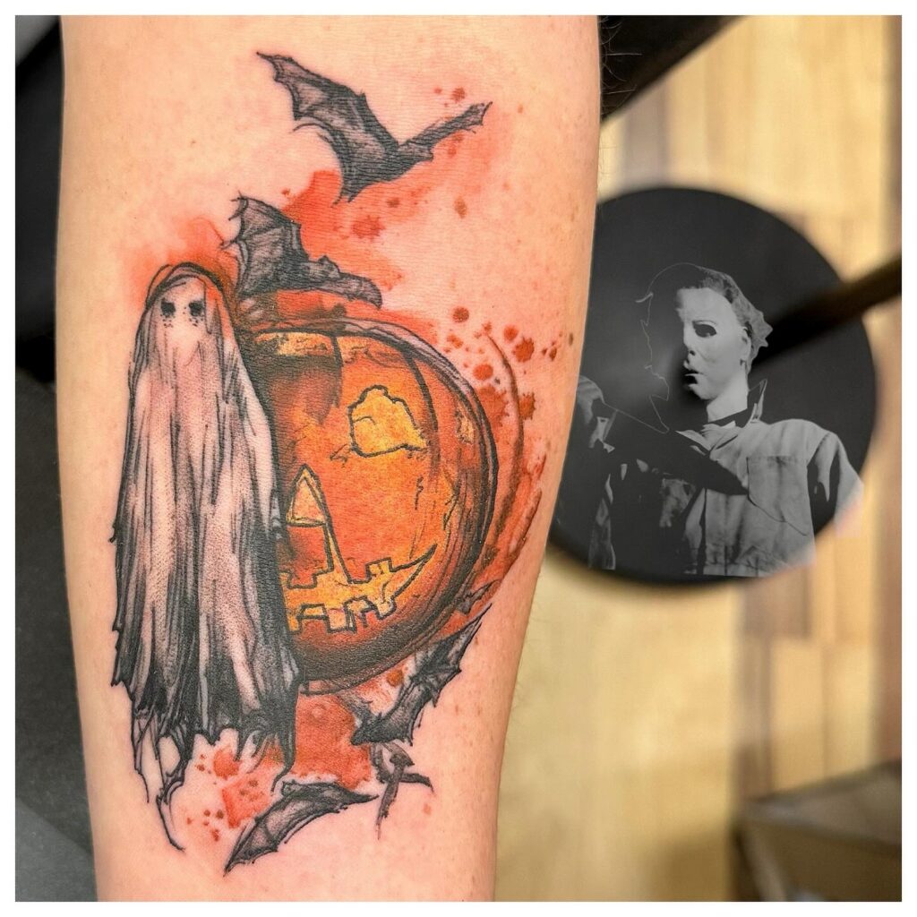 Haunted Pumpkin With Ghostly Spirit Tattoo halloween tattoos