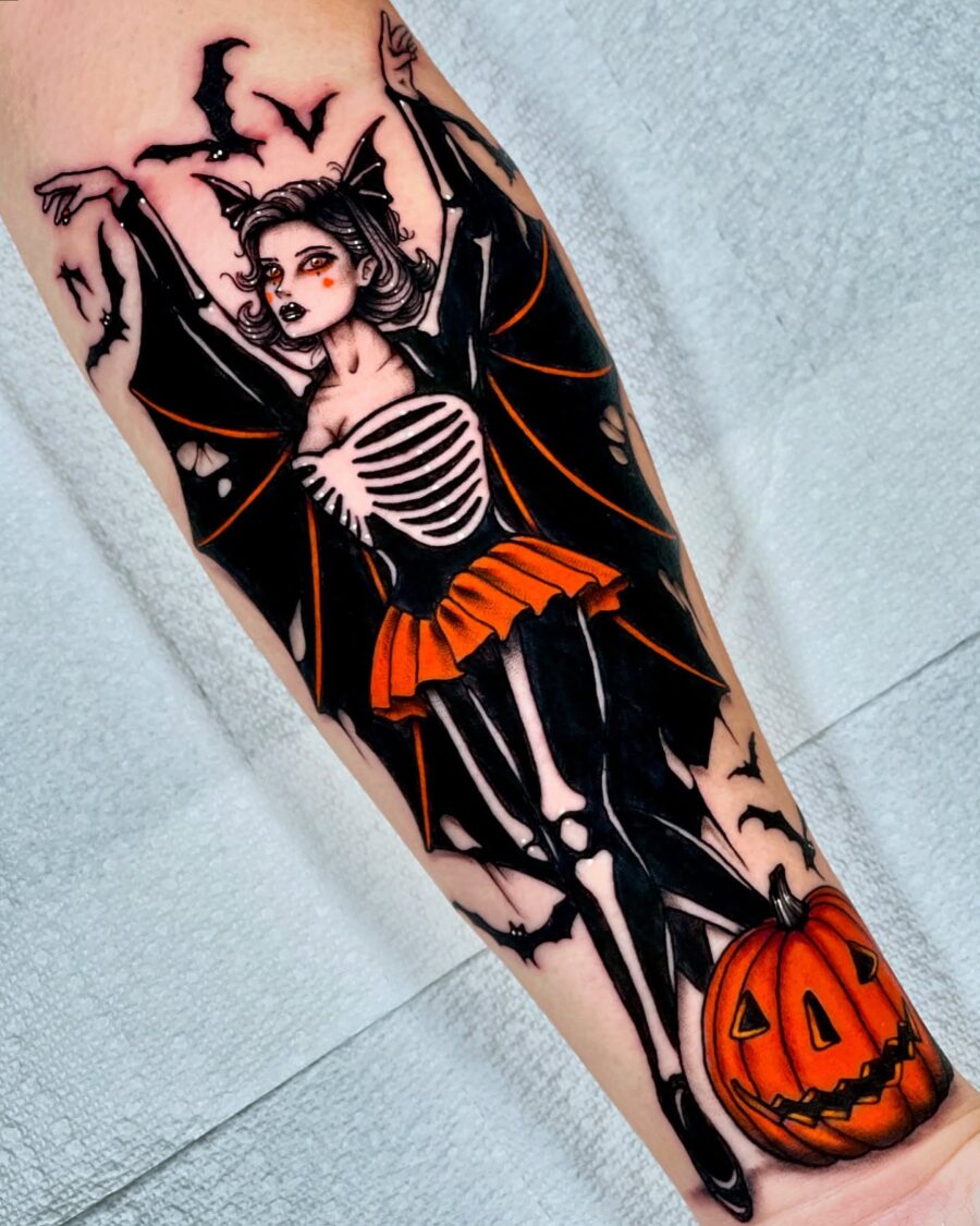 A spooky skeleton dancer ready for Halloween! Tattoo on skin