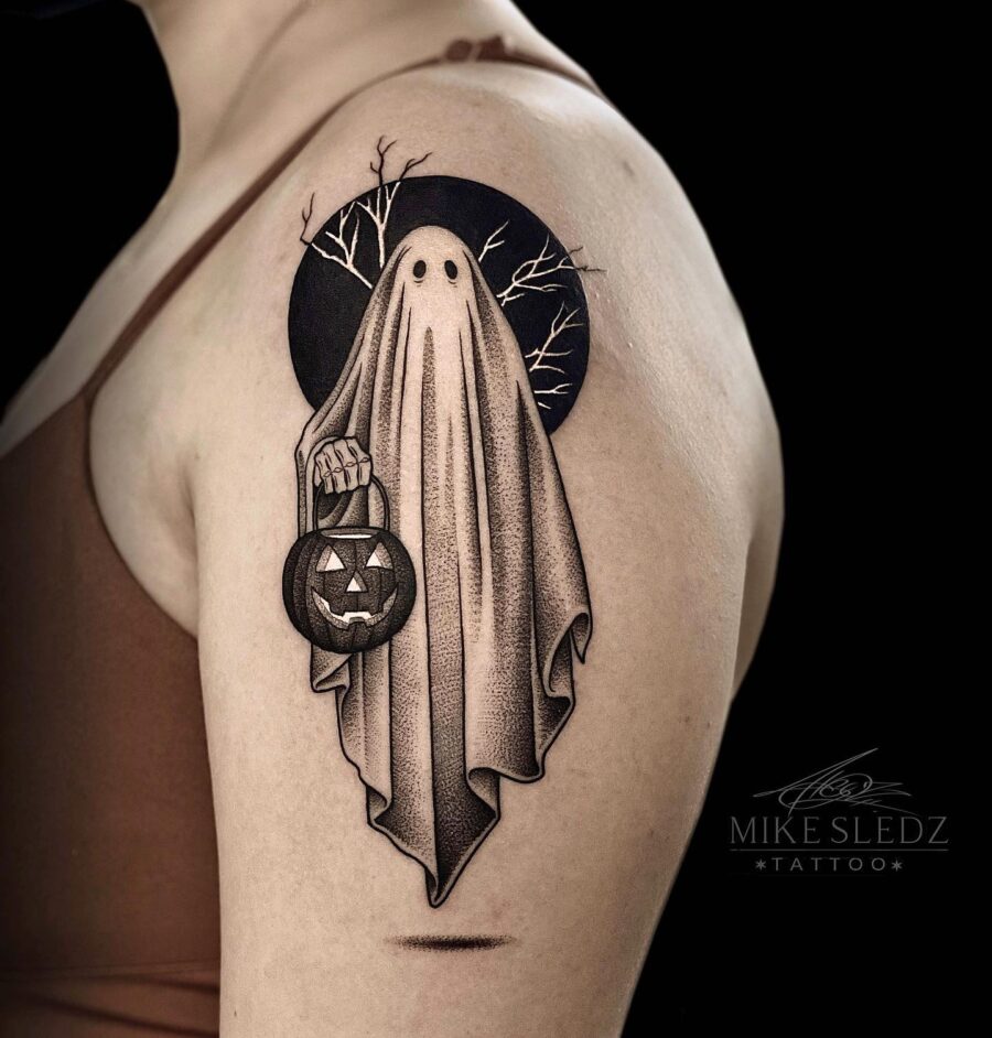 Charming ghost-themed tattoo for Halloween vibes Tattoo on skin