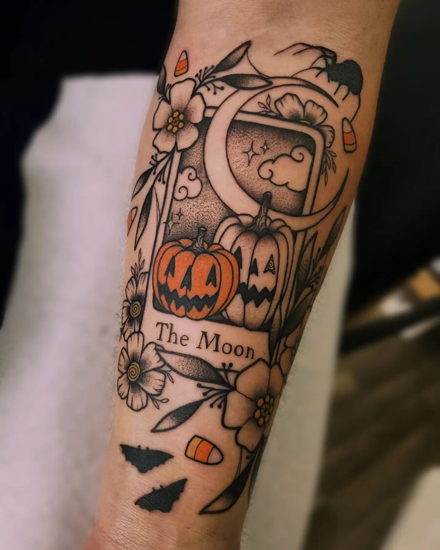 Charming Halloween-themed tattoo with pumpkins and moon Tattoo on skin