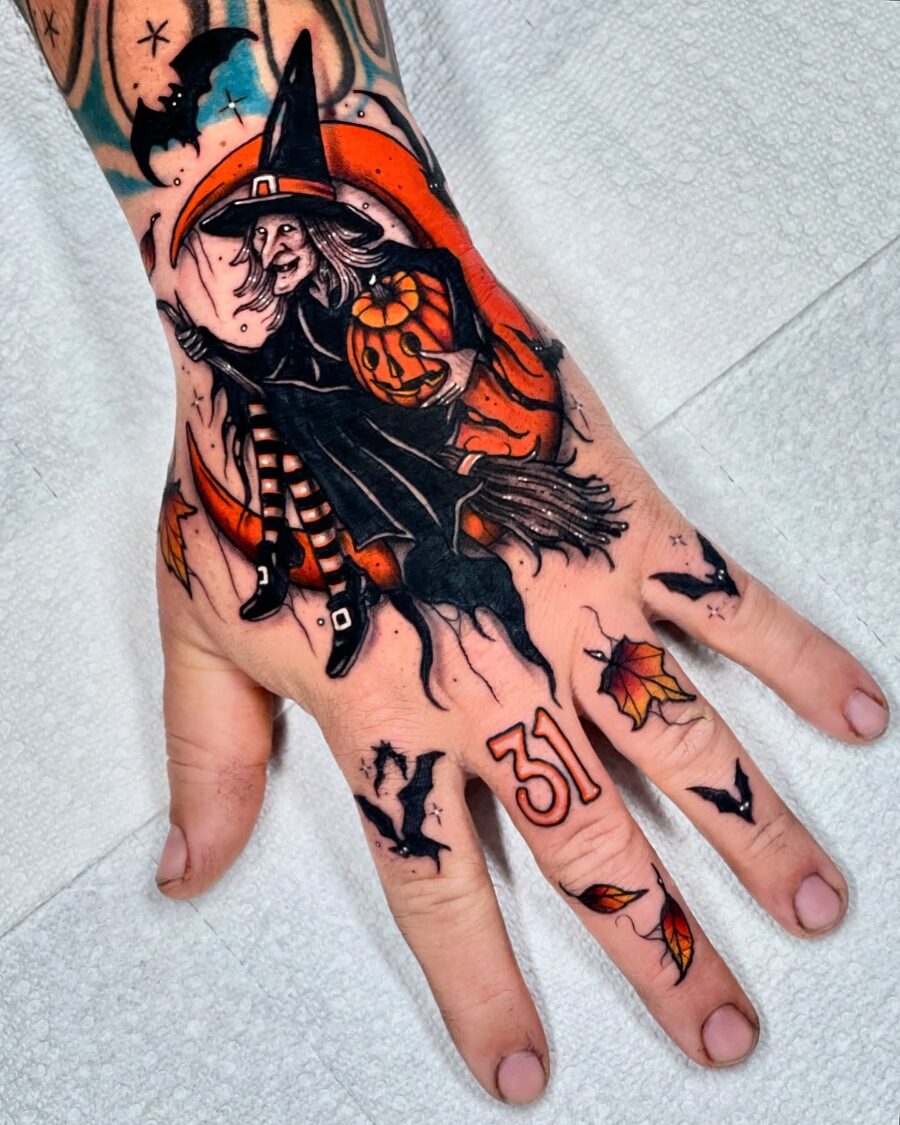 Charming witch tattoo with autumn vibes Tattoo on skin
