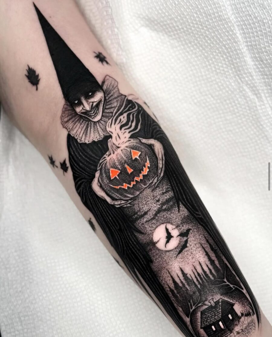 Chilling Clown with Jack-O'-Lantern Tattoo Design Tattoo on skin