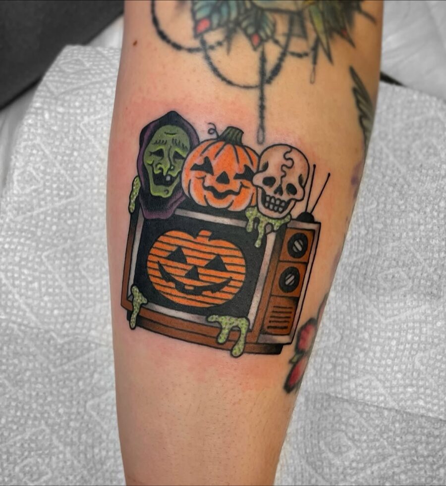 Quirky Halloween-themed tattoo showcasing spooky vibes Tattoo on skin