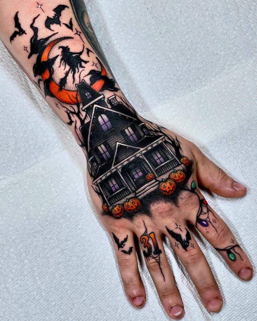Spooky House Tattoo with Pumpkins and Bats Tattoo on skin