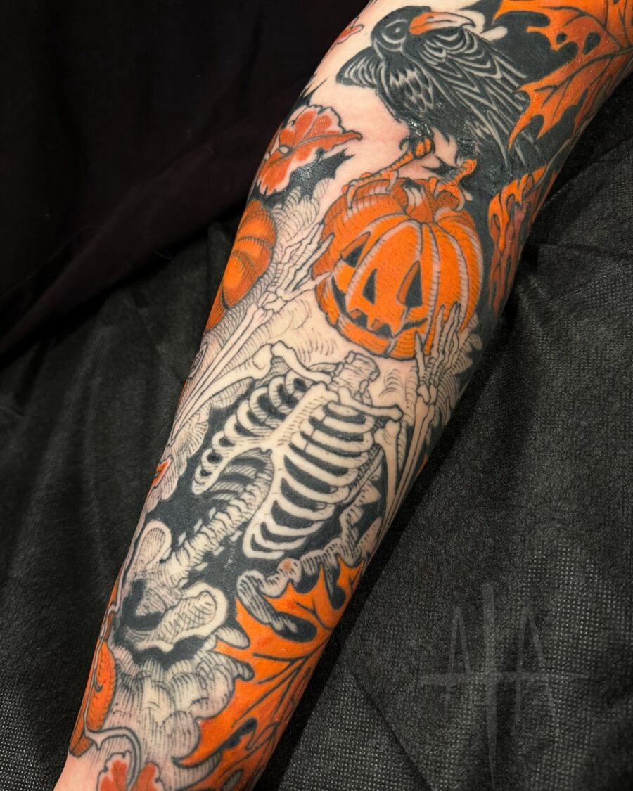 Spooky Skeleton with Halloween Elements Tattoo Design Tattoo on skin