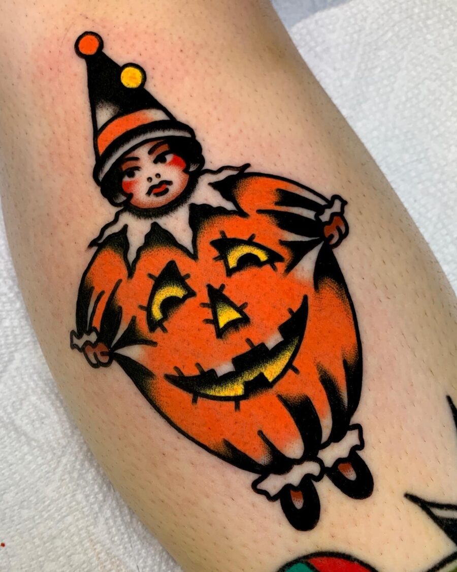Whimsical clown pumpkin tattoo for Halloween Tattoo on skin
