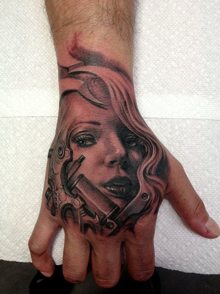Beautiful Woman with Tattoo Gun Tattoo on skin