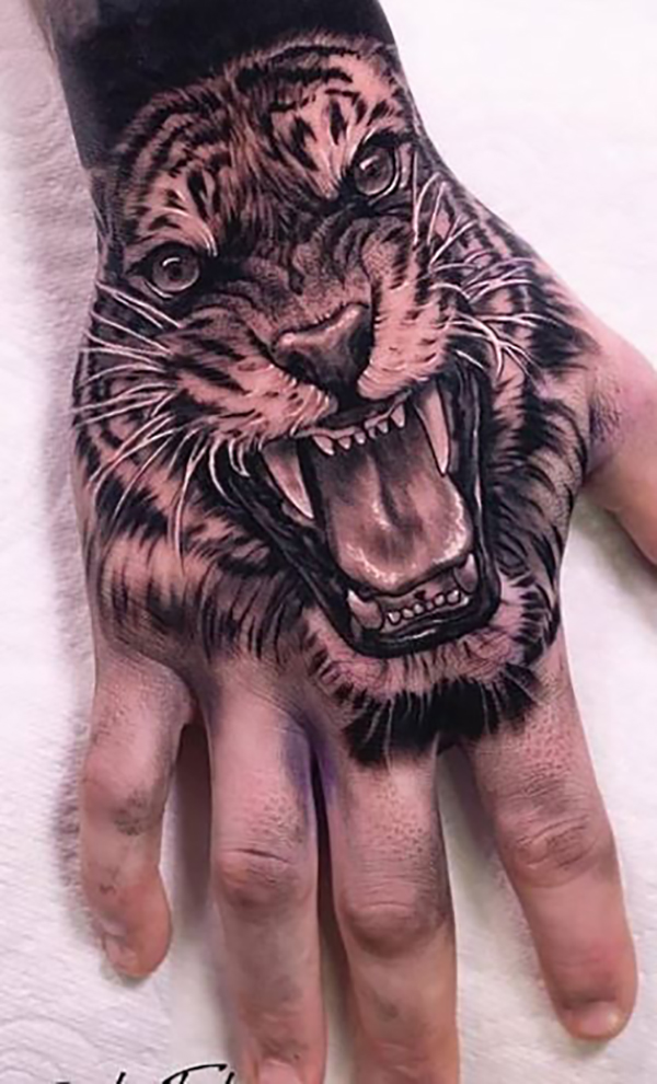 Black and White Realistic Tiger Hand Tattoos Tattoo on skin