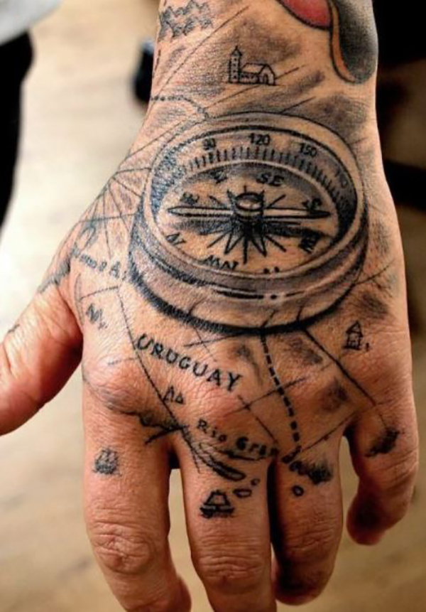 Black Compass and Map Hand Tattoo Ideas Tattoo on skin