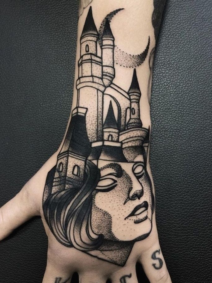 Castle and Woman Dot Hand Tattoos Tattoo on skin
