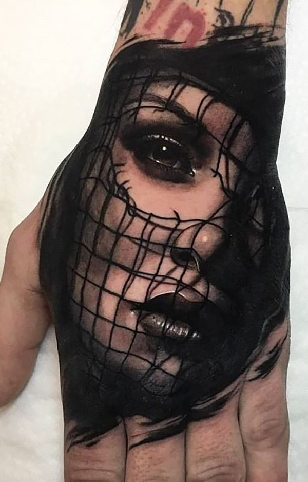 Realistic Woman with Grid Hand Tattoos Tattoo on skin