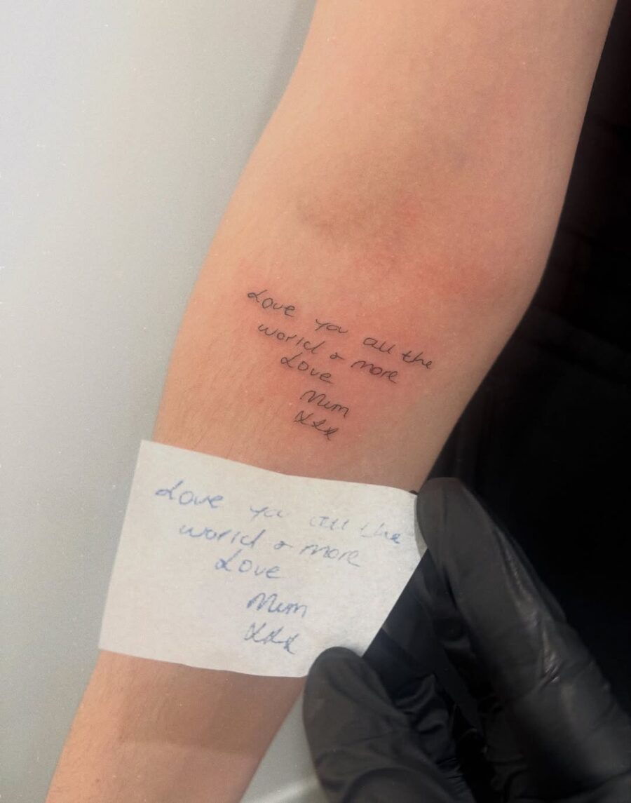 Elegant handwritten love tattoo from mother Tattoo on skin