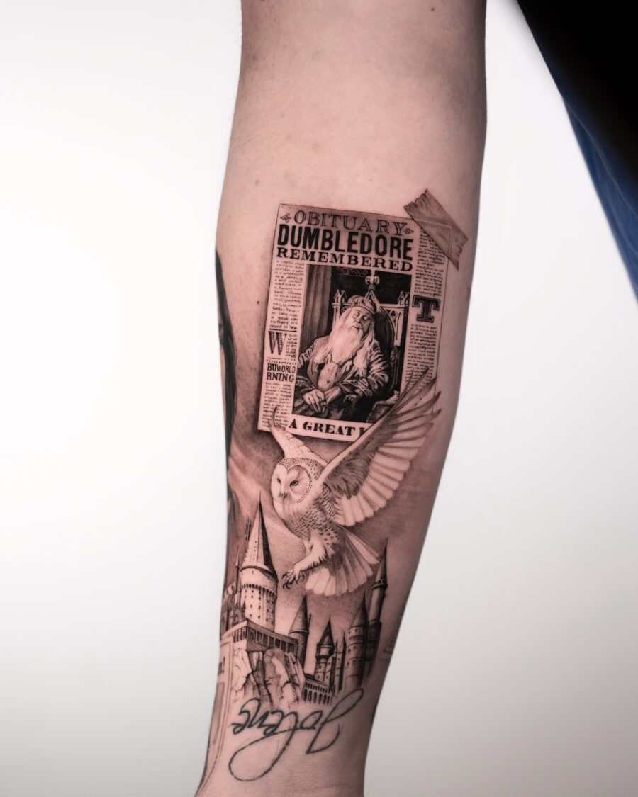 A Tribute to Dumbledore's Legacy in Ink Tattoo on skin