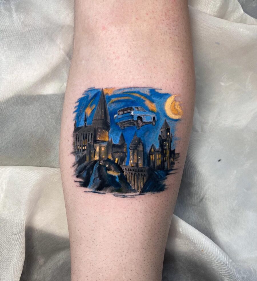 A whimsical Hogwarts scene with a flying car tattoo Tattoo on skin