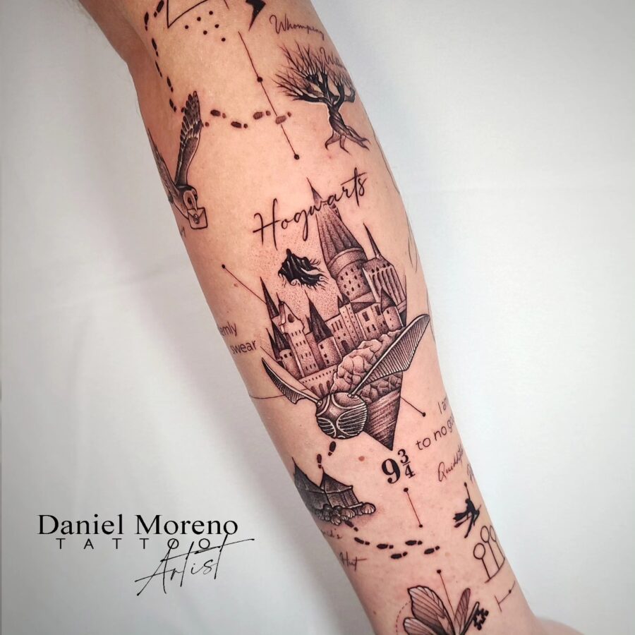 A Whimsical Tribute to Hogwarts in Ink Tattoo on skin