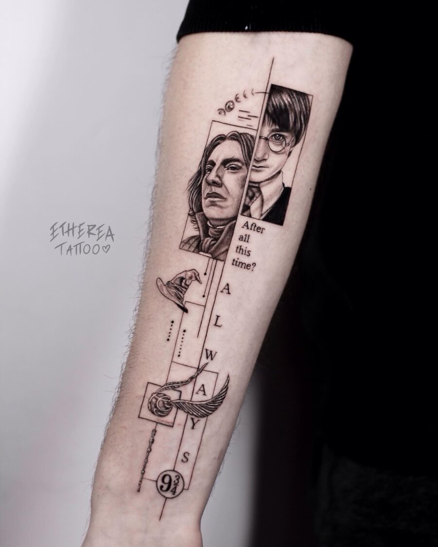 Emotional tribute to Snape and Harry Potter Tattoo on skin