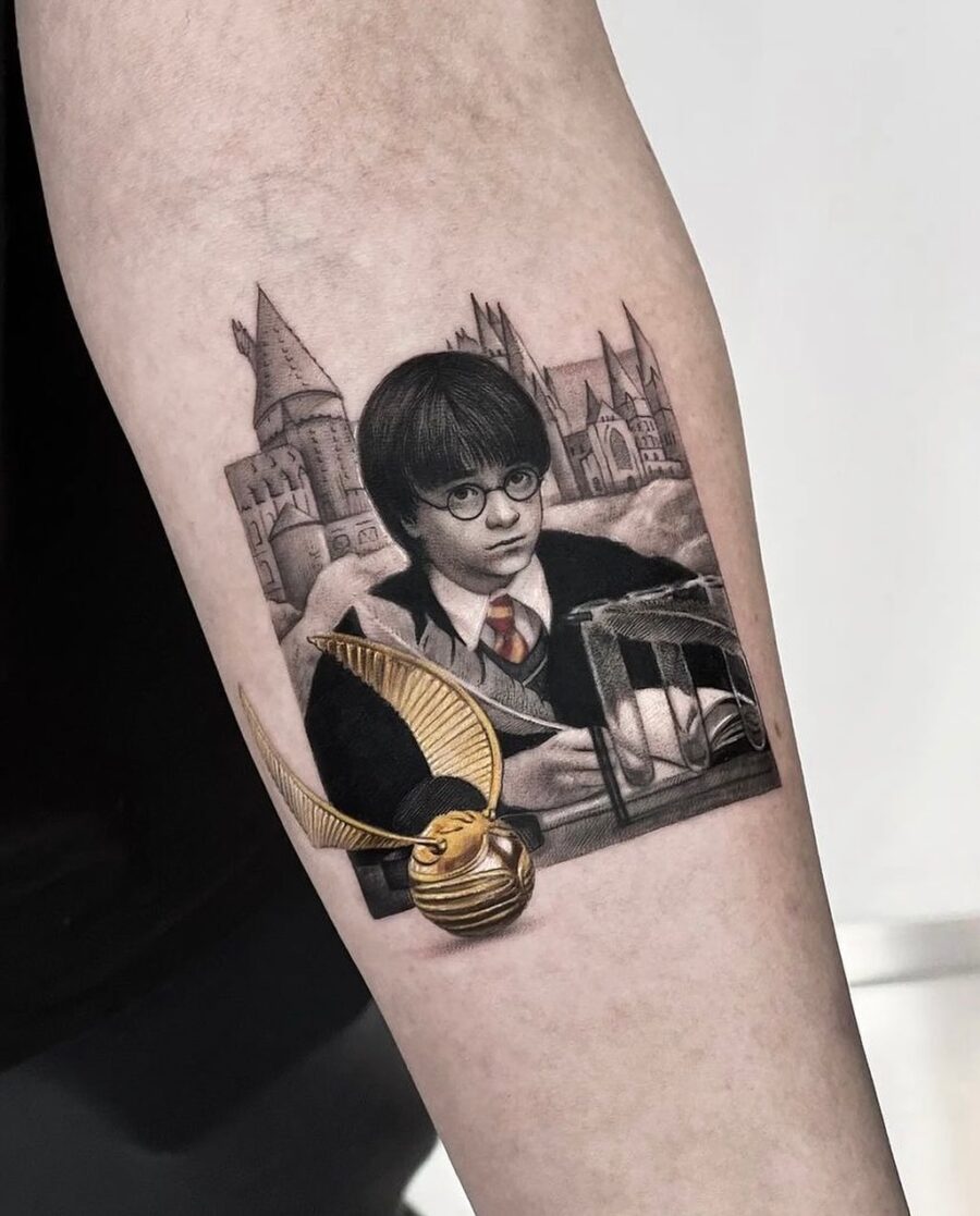 Intricate depiction of Harry Potter in action Tattoo on skin