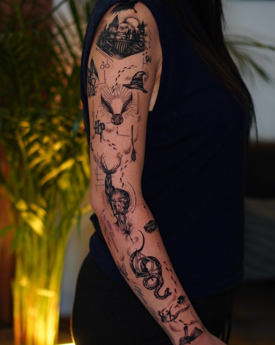 Intricate Harry Potter-Themed Tattoo Sleeve Tattoo on skin