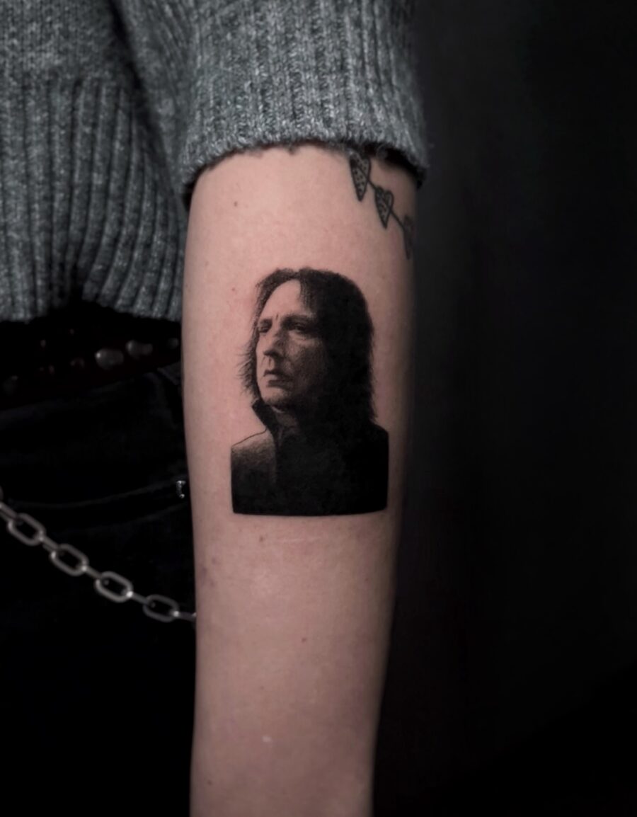 Intricate Severus Snape Tattoo in Black and Gray Tattoo on skin