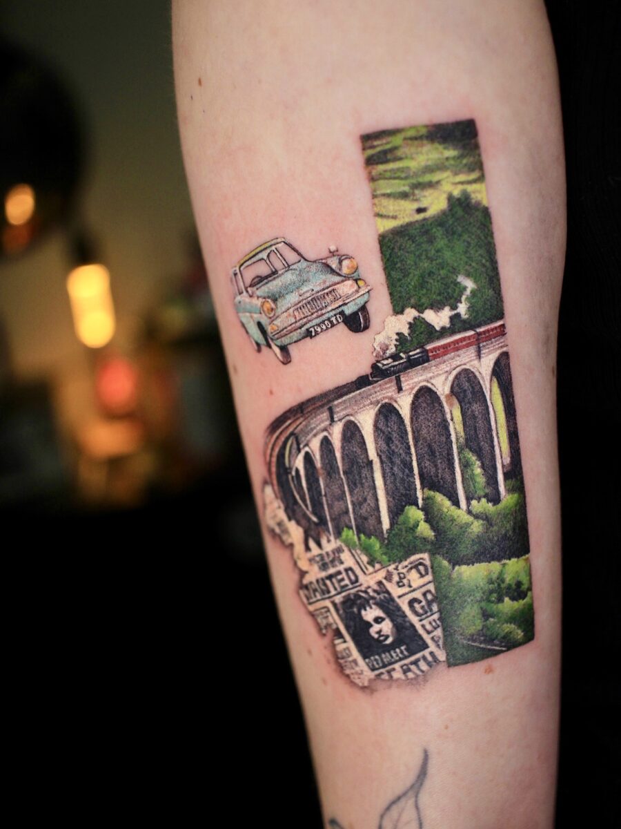 Magical flying car tattoo captures Harry Potter charm Tattoo on skin