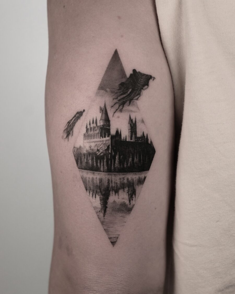 Stunning Hogwarts Castle in a Diamond Design Tattoo on skin