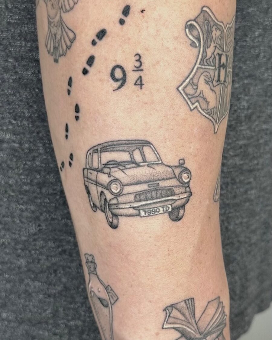 Unique Ford Anglia Tattoo with Magical Elements Tattoo on skin