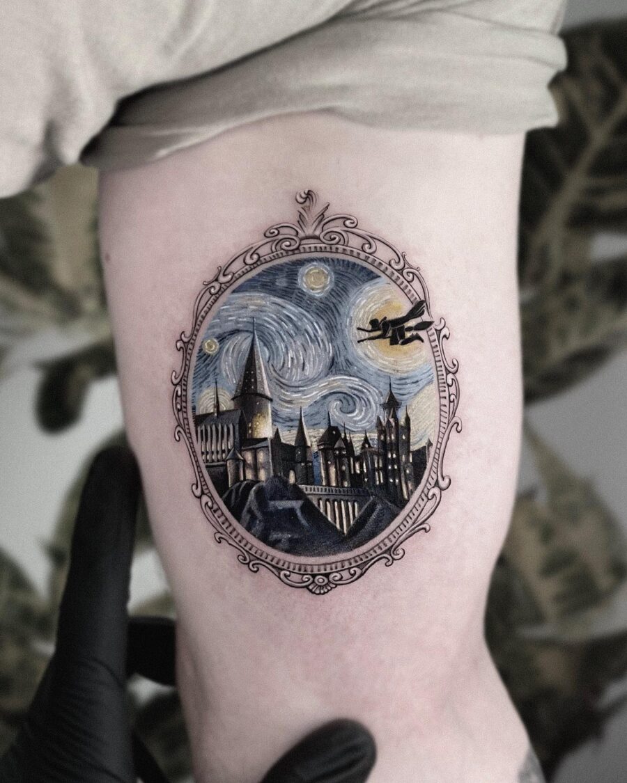 Whimsical Hogwarts Tattoo in Starry Night Style Tattoo on skin