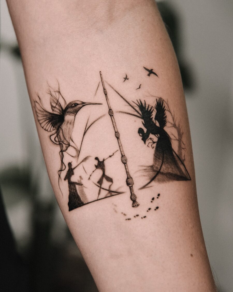 Whimsical Hummingbird and Wand Tattoo Design Tattoo on skin