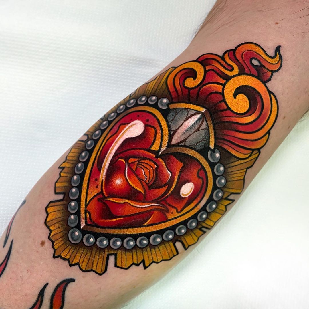Colorful Heart Tattoo with Assortment of Rose Petals for Regal Ink Lovers Tattoo on skin
