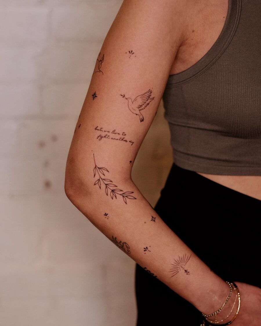 Delicate hidden tattoos with nature and script. Tattoo on skin
