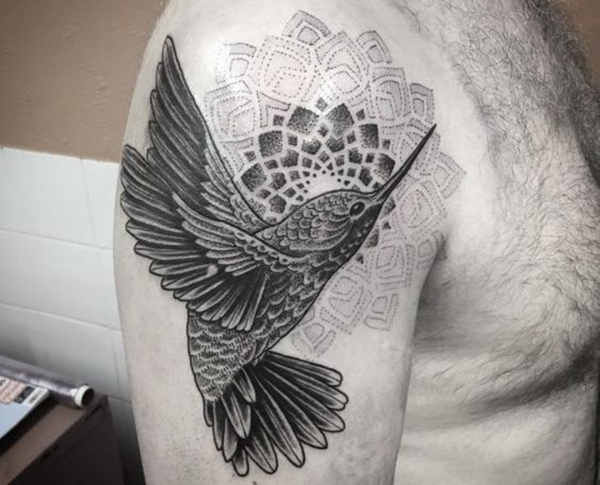 Hummingbird Chakra with Symmetrical Flower Tattoo on Shoulder Tattoo on skin