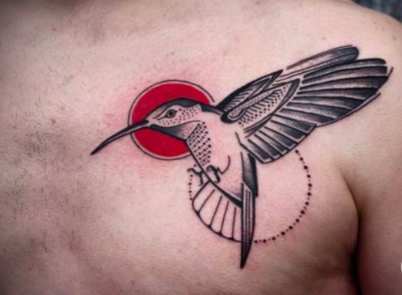 Sunset and Infinity Symbol Hummingbird Illustration Tattoo on skin