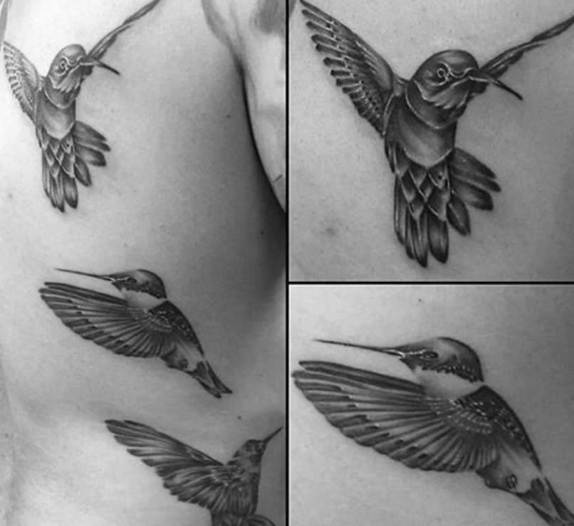 Three Black & White Hummingbirds in Flight Tattoo on skin
