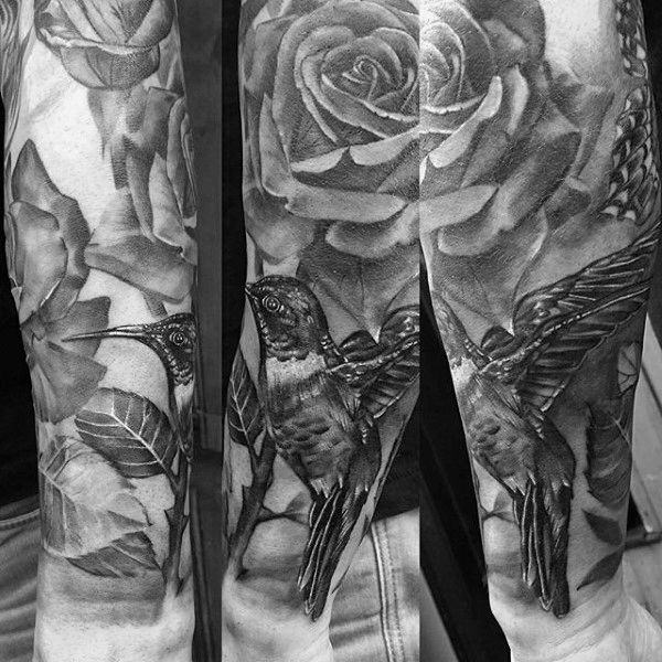 Traditional Hummingbird Tattoo with Realistic Rosebush Tattoo on skin