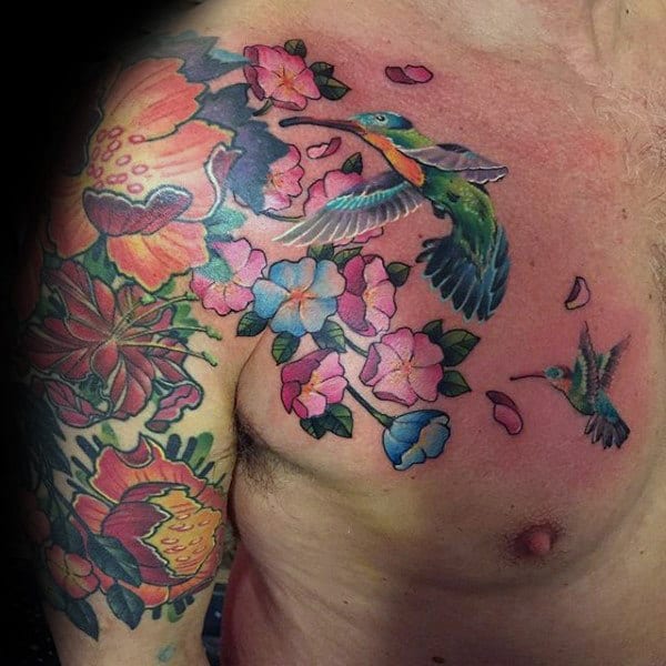 Tropical Garden Featuring Two Hummingbirds Tattoo on skin