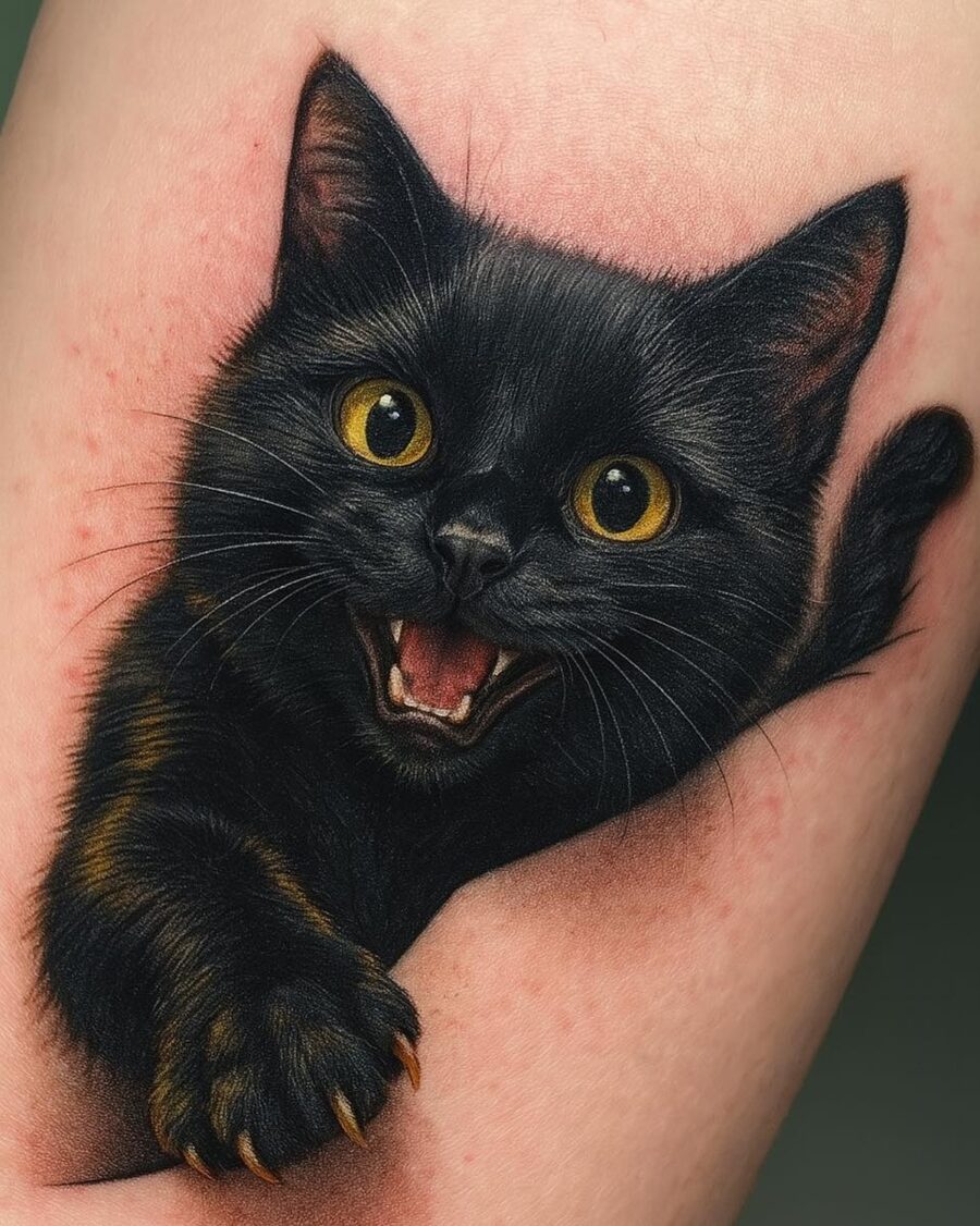 Captivating black cat with expressive features Tattoo on skin
