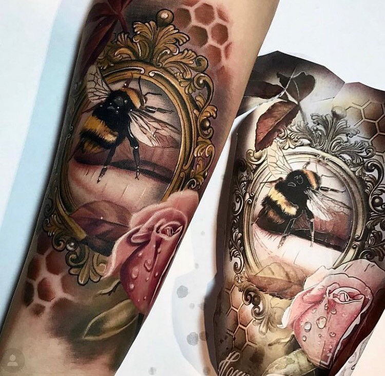 Intricately detailed bee and rose tattoo design Tattoo on skin