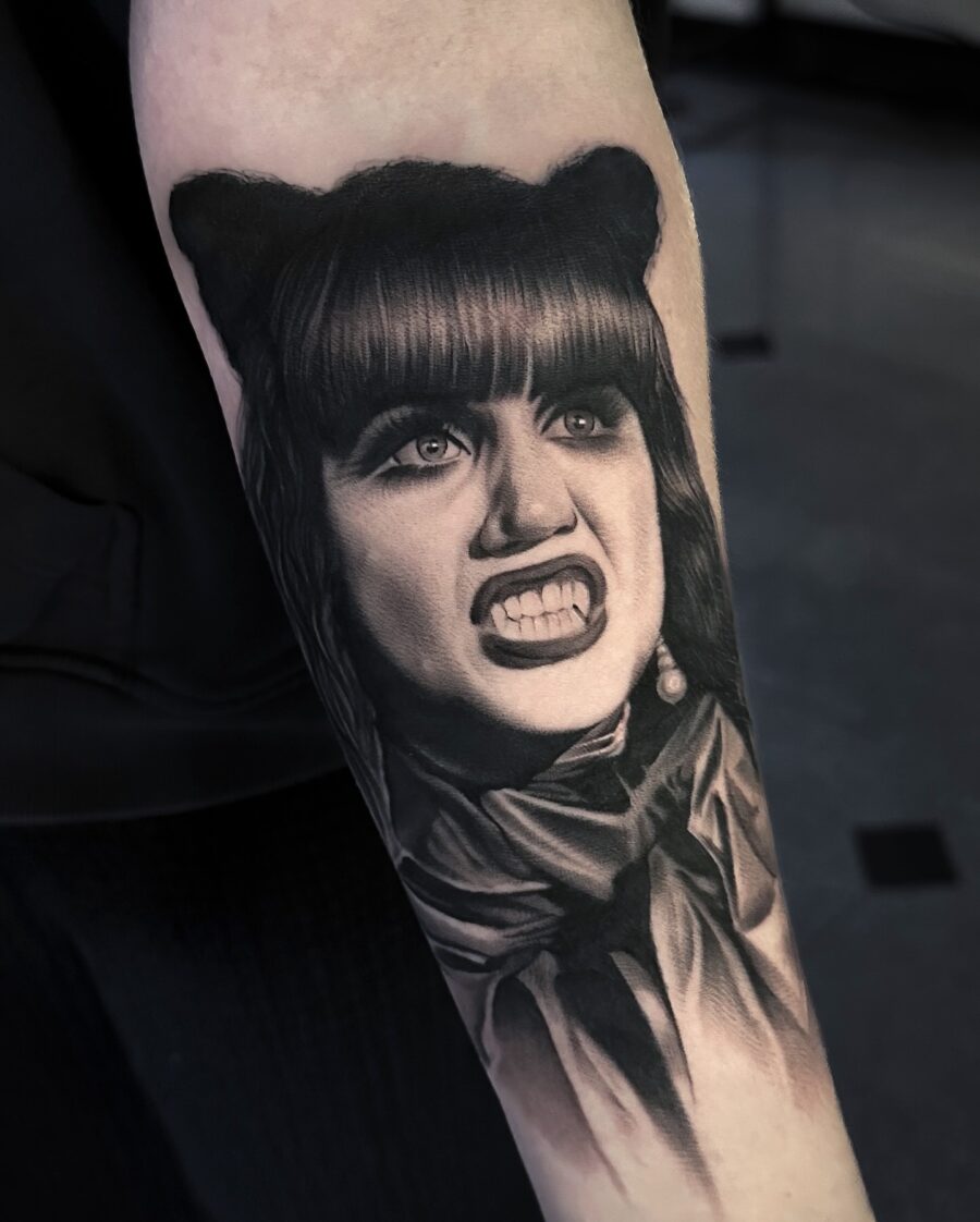 Striking portrait with fierce expression and detail Tattoo on skin