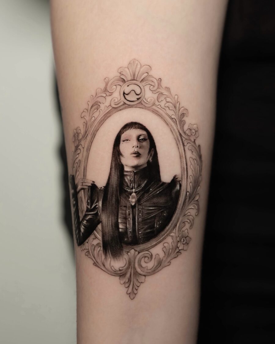 Stunning woman captured in ornate tattoo frame Tattoo on skin