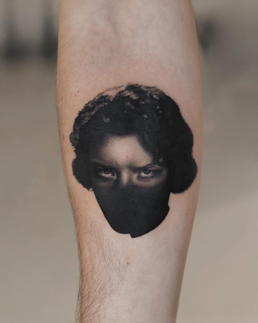 Unique hyper-realistic face mask tattoo design Tattoo on skin