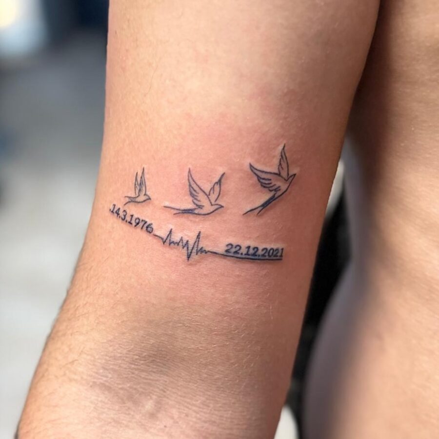 Elegant tribute with flying birds and heartbeat in loving memory tattoos