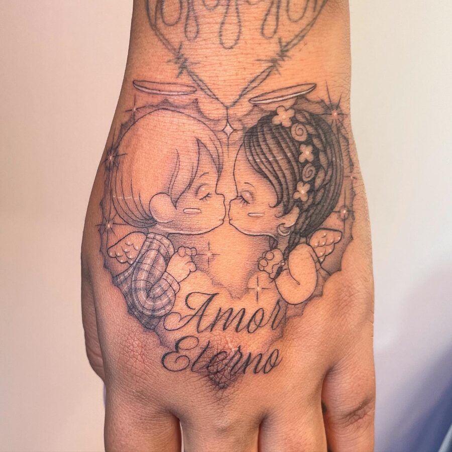 Sweet remembrance in luminous ink style Tattoo on skin