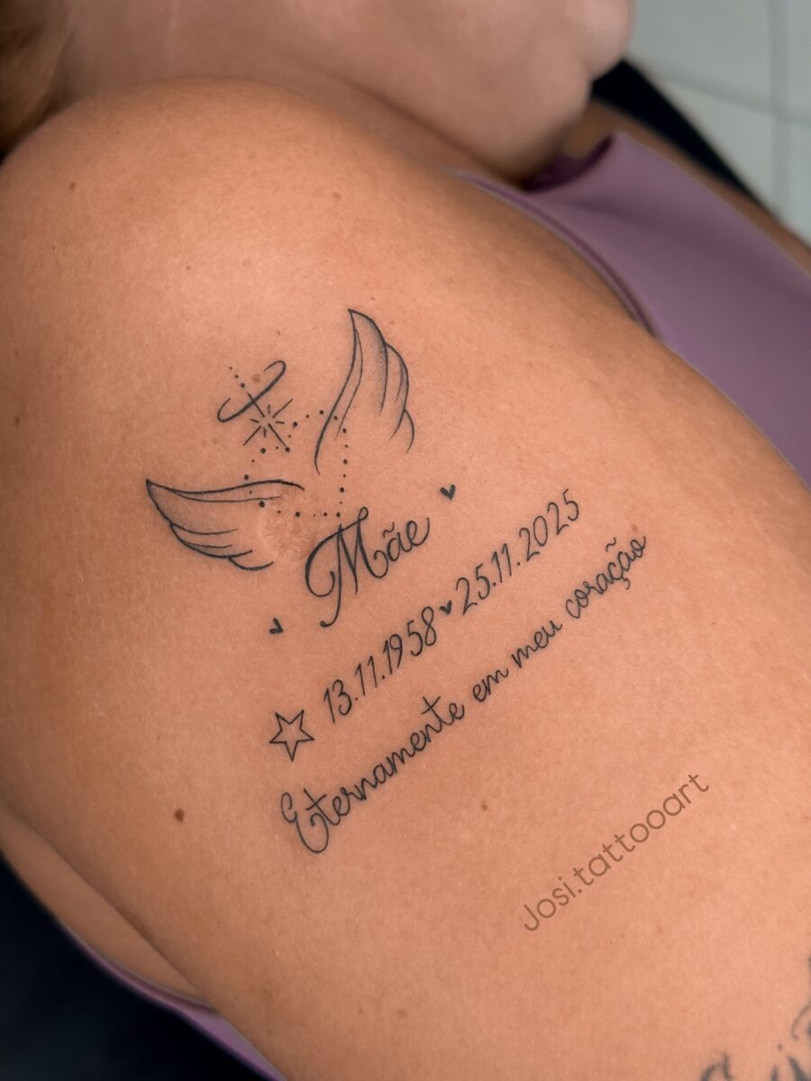 Touching tribute tattoo with wings and dates Tattoo on skin