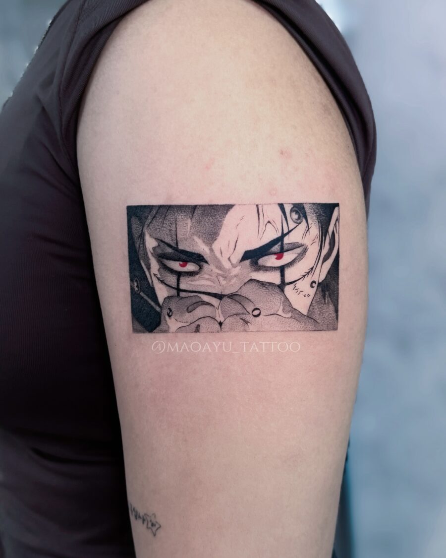 Dramatic anime character tattoo on the arm Tattoo on skin